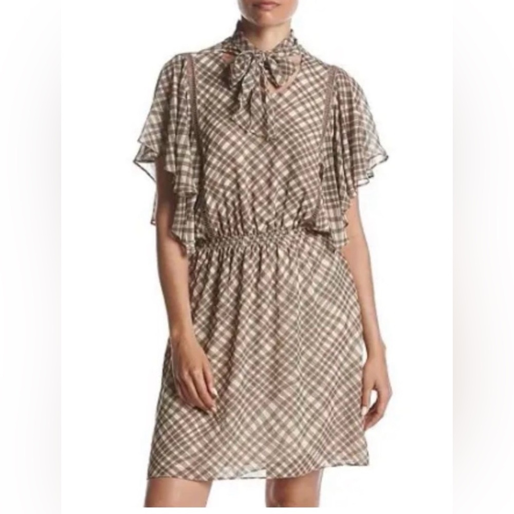 Max Studio Edit Plaid Tie-Neck Flutter Sleeve Dress in Beige